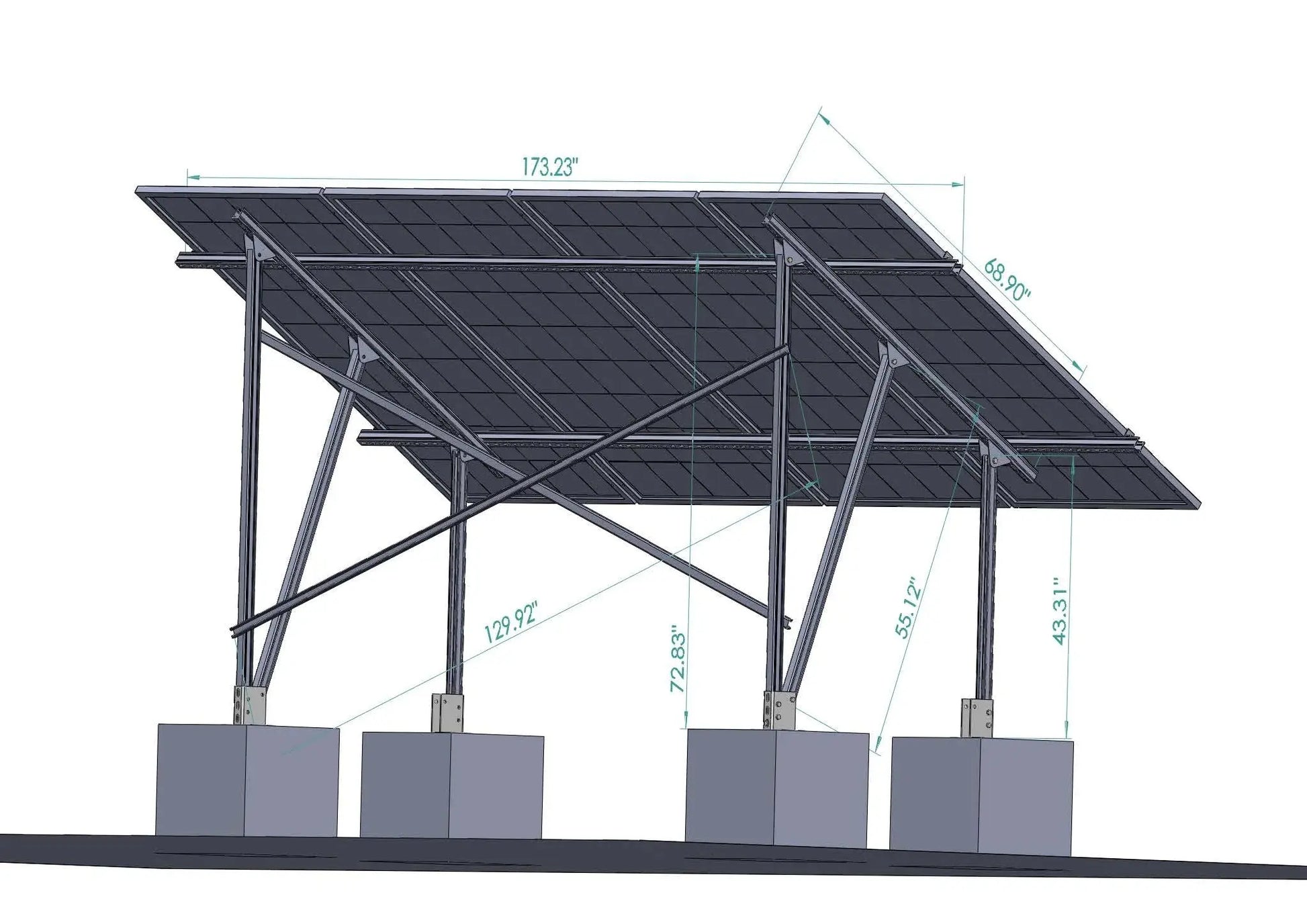 Elios Terra G4 – Système de montage au sol pour 4 panneaux 60/72 cellules (acier galvanisé + rails aluminium, 35°, garantie 5 ans) Elios